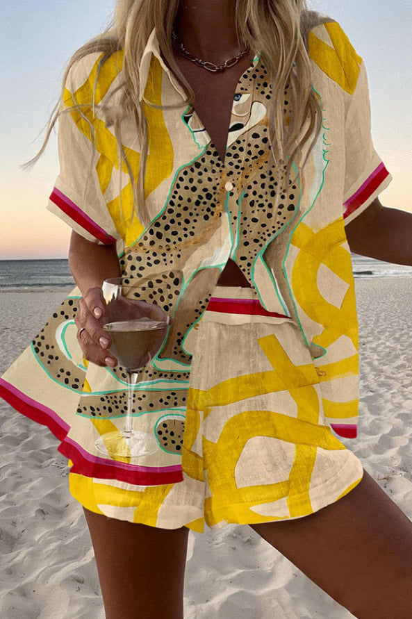 Casima™ | Krátká lněná souprava s leopardím potiskem