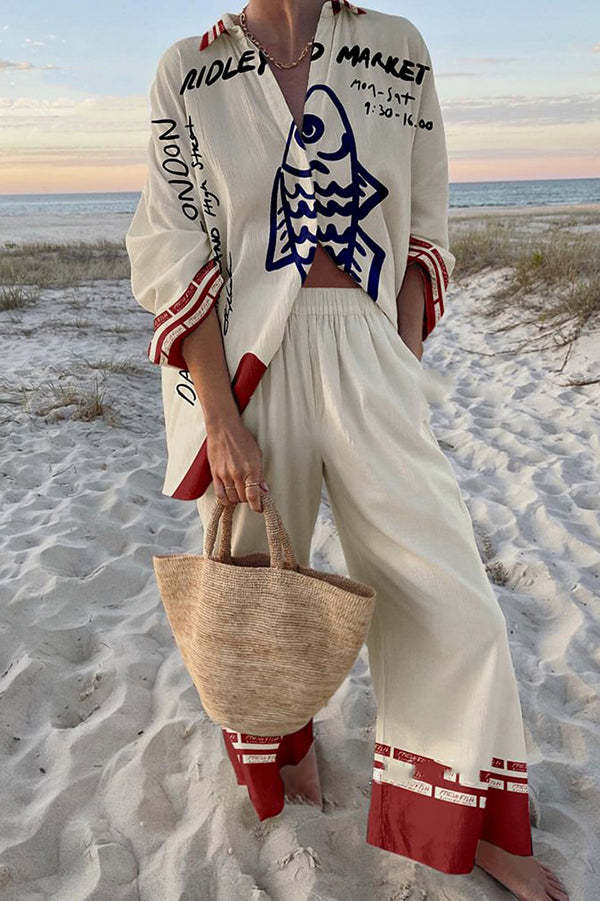 Rounelle™ | Kompletní lněná sada s modrým potiskem ryb