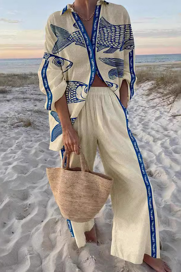 Yazette™ | Sada z lnu s modrým rybím potiskem