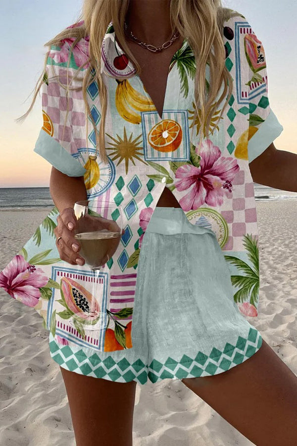 Maevin™ | Krátký lněný set s potiskem ovoce