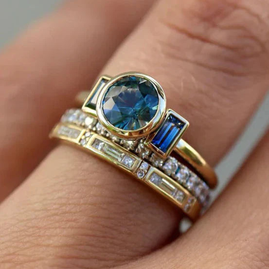 Antický modrý elegantní sada prstenů | zlato